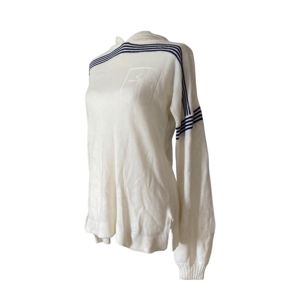 Vintage White Navy Stripe Knit Hoodie Sweater Embroidered Patch Womens Small - Picture 16 of 16